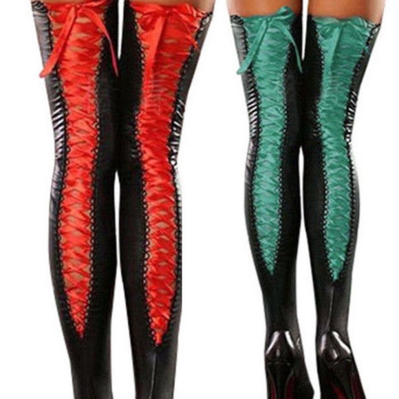 Sexy Black & Pink Lace up Faux Leather Stockings - Picture 3 of 5